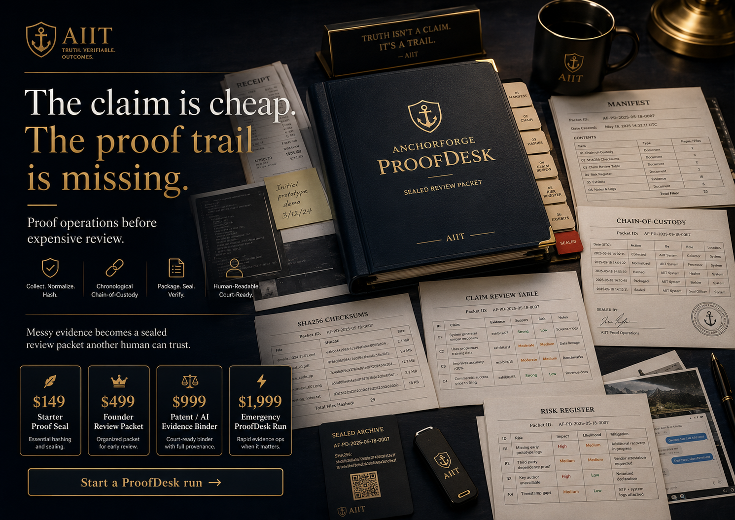 AnchorForge ProofDesk — sealed review packets, manifests, chain of custody, claim review