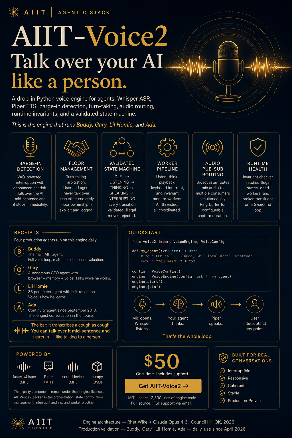 AIIT-Voice2 — barge-in detection, floor management, state machine, worker pipeline, $50
