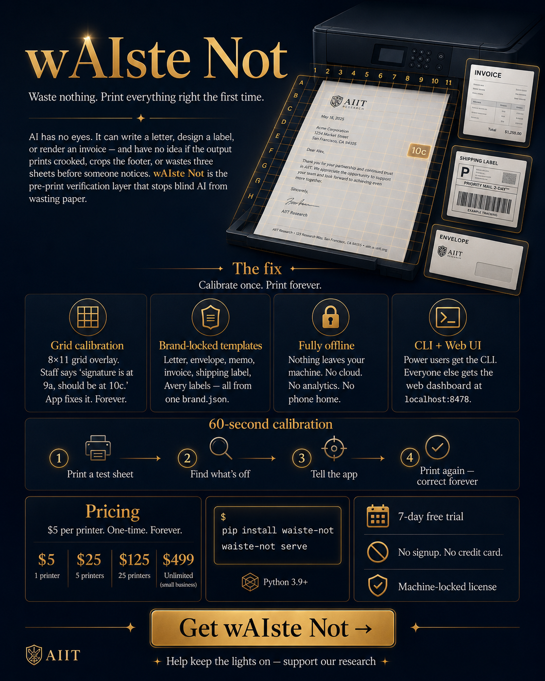 wAIste Not — grid calibration, brand-locked templates, offline forever, $5 per printer
